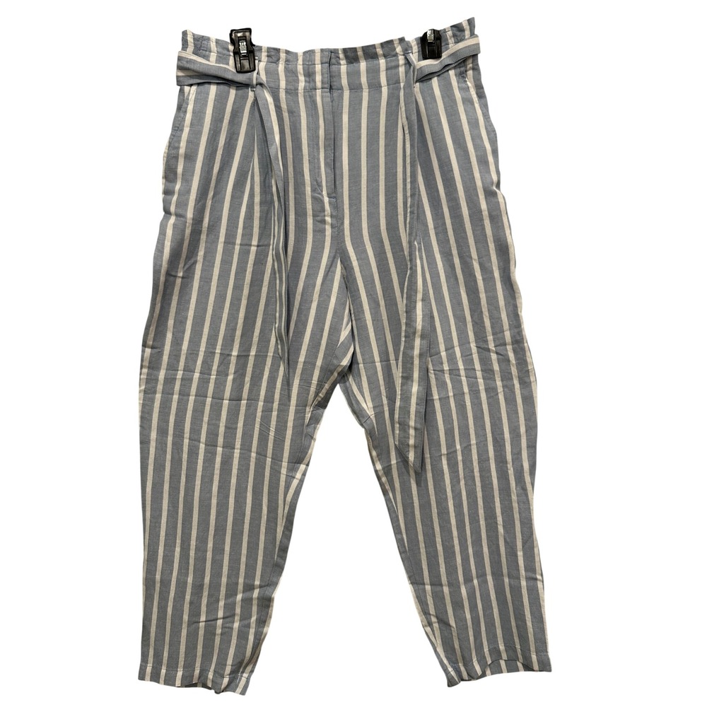 LOFT Blue White Striped Linen Blend Paperbag Waist Tapered Pants NWT Large